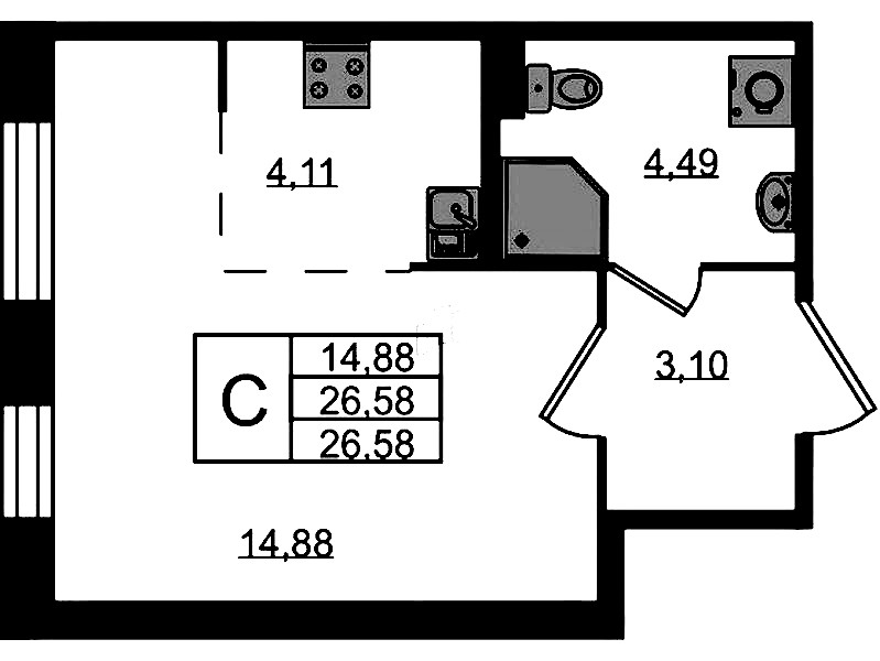 Квартира студия 26.58 м², 1/9 эт., ЖК «Курортный квартал»